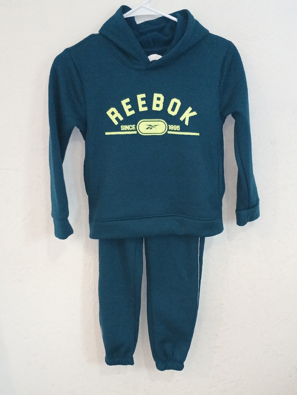 Reebok Kids Dark Teal Hoodie And Pants  Set with Neon Yellow Logo